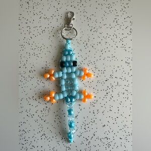 Turquoise and Orange Pony Bead Lizard Bag Charm | Keychain | Retro 90s